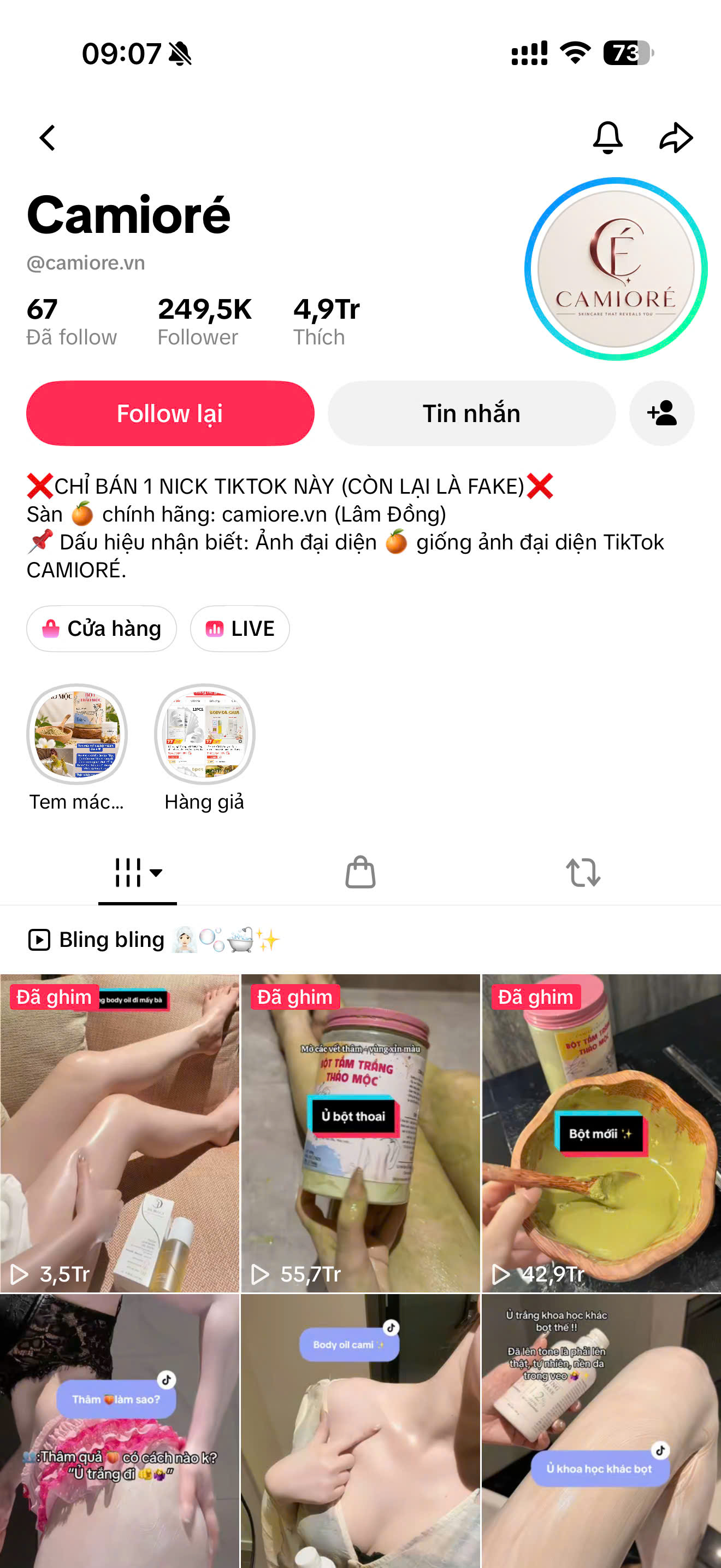 Trang TikTok chính thức @camiore.vn — ảnh tiktokpage